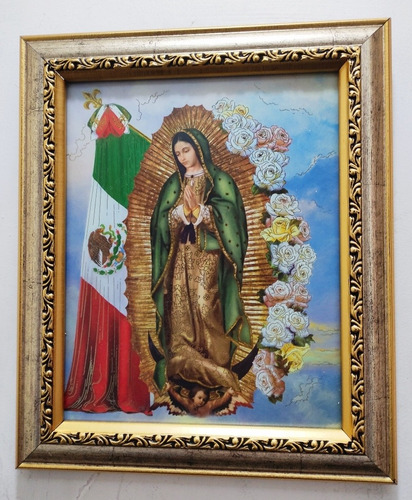 Virgen De Guadalupe Con Bandera 30 X 25 Cms . Plata Y Oro