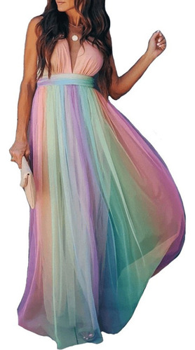 Vestido De Malla Con Estampado De Arco Iris Para Mujeres