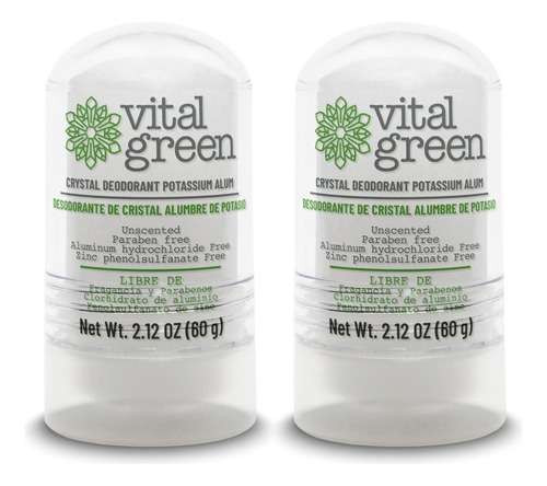 Vital Green - 2 Pack De Desodorante 60g Natural De Piedra Cristal De Alumbre De Potasio, Sin Parabenos Y Sin Alcohol.  Presentación 60 G - 2.1 Oz (2 Pack)
