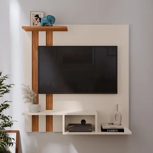 Painel Suspenso Lojasgk Painel Moderno Marrom Tv 32 Polegadas Off White Cedro