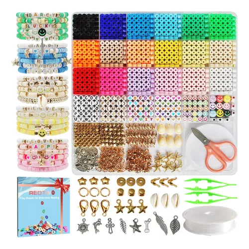 4600 cuentas de arcilla para hacer pulseras, cuentas para hacer joyas con  cuentas de letras, cuentas de cara sonriente, cuerdas elásticas, pulseras y