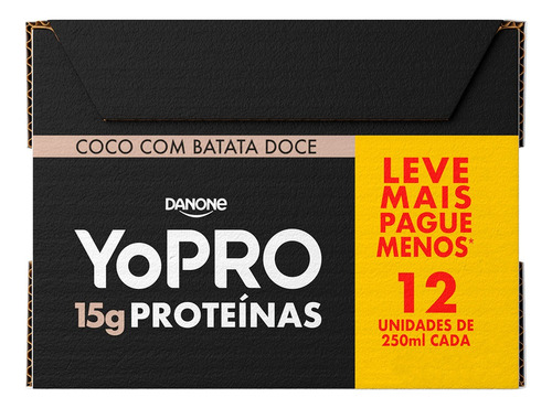 Pack bebida láctea UHT Yopro coco com batata doce 15g de proteínas com 12 unidades de 250ml