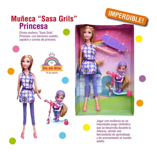 Muñeca Sasa Grils Con Niña Y Monopatín En Caja -- 10065