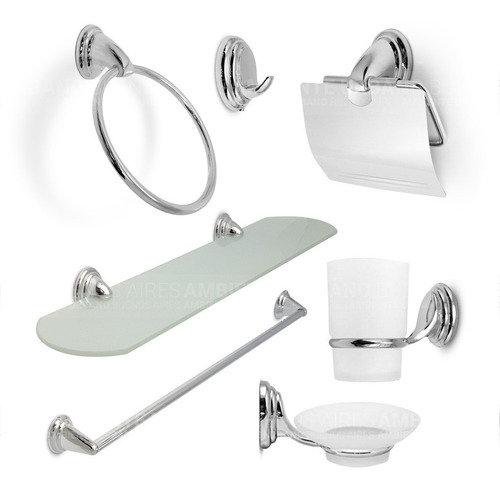 Accesorios Kit Baño 7 Pzs Metalicos Incluye Repisa De Vidrio