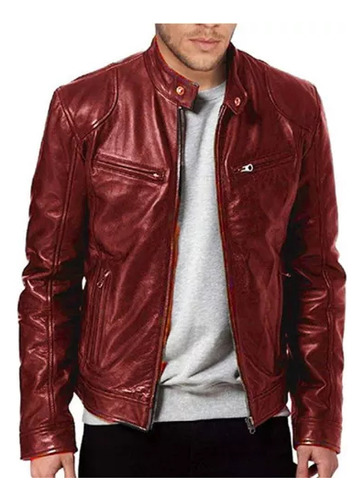 Chaqueta De Cuero Genuino Para Hombre Con Cremallera Negra