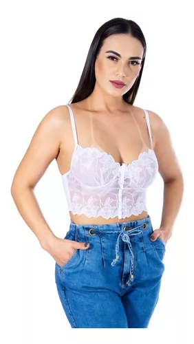 Cropped Mini Blusa Blusinha Feminina Renda Tule Linda