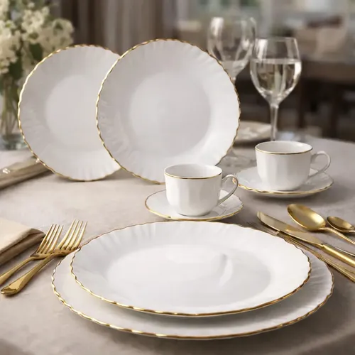 Aparelho De Jantar Branco 16 Peças C/ Xícaras Em Porcelana Branco Fio Dourado