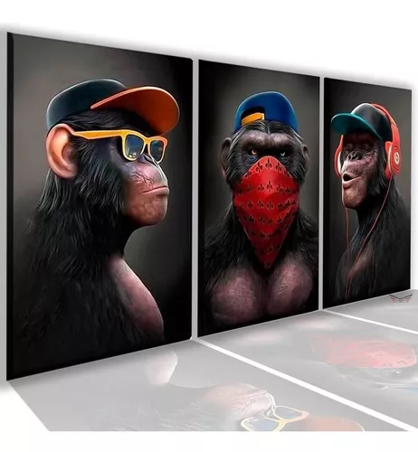 Quadro Decorativo Macaco Chimpanzé de Fone Sala Barato-M113