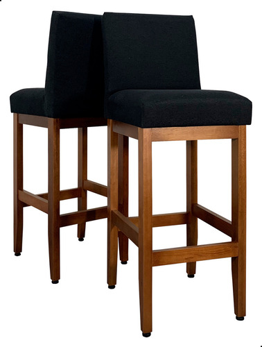 Kit 2 Banqueta Alta Com Encosto Lessul Jade Cor Linho Preto Assento 75cm Com Acabamento Verniz Canela 105cm Total Bancada Cozinha Americana Cadeira Alta Balcao Quiosque Bistro Banco Tamborete