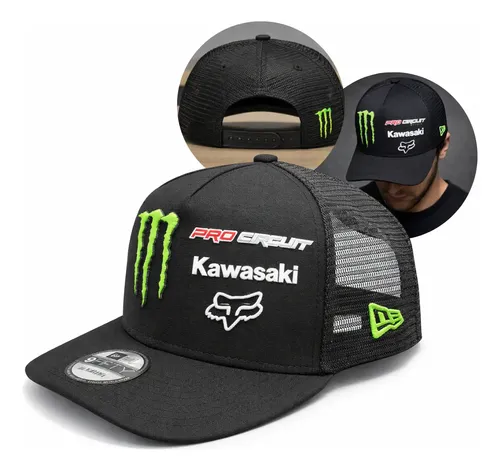 Boné Monster Kawasaki Motocross Foz Preto Ajustável Rede Boné Preto Aba Reta Monster Kawasaki Tamanho Único Lisa