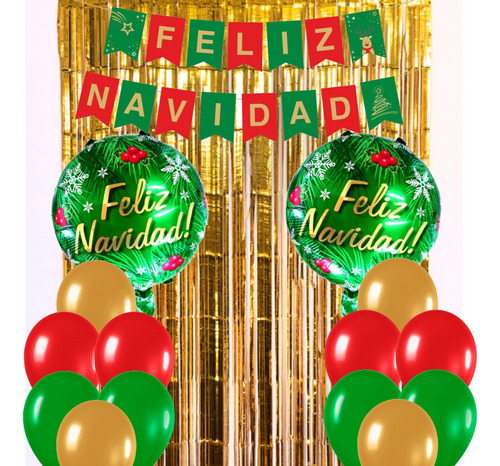 Combo Kit Deco Feliz Navidad Cortina Banderin Globo Cotillon