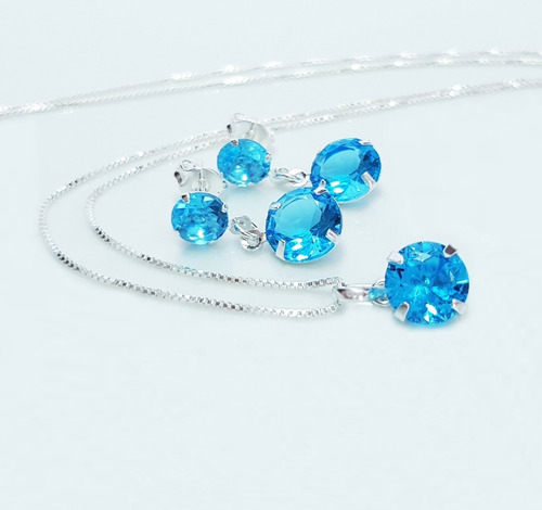 Imagem 5 de 7 de Colar E Brinco Feminino Topázio Azul Prata De Lei 925