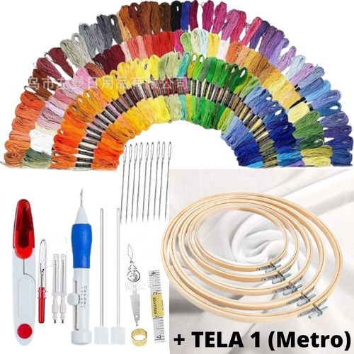 Set De Agujas Mágica Bordado + Kit De Hilos De Bordar + Tela