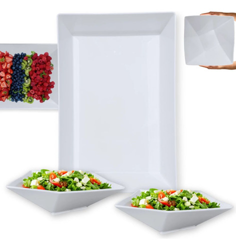 Kit Travessa Retangular 44,7 Cm Buffet + 2 Tigelas 32,5 Cm