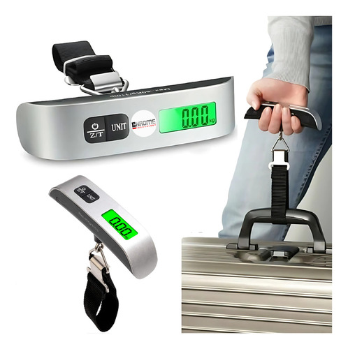Balança Para Malas Viagem Digital Portátil Até 50kg Mão Trava Mala Bagagem Prateado Moderna Pratica Chrome Technology