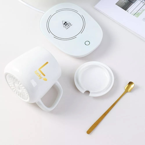 Taza Con Tapa Y Con Calentador Eléctrico Y Cuchara Color Blanco