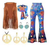 Comprar Conjunto De Disfraz Hippie 6 Piezas De Años 60 Y 70, Chaleco Hippie Con Flecos, Pantalones Acampanados, Bufandas, Gafas De Sol, Collar Y Aretes De Paz