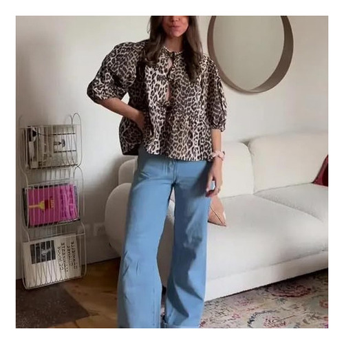 Top Mangas Abullonadas Con Volantes Y Estampado De Leopardo