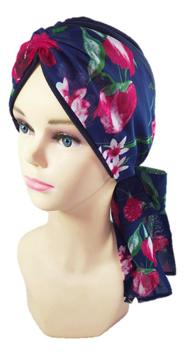 Turbante Oncológico Para Mujer De Algodón C/ Banda Mascada Color Azul Marino Estampado