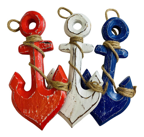 Anchor Christma Ornaments Patriotico Rojo Azul Madera Juego