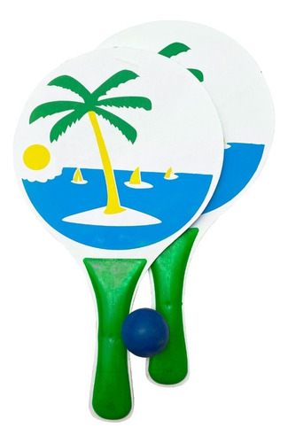 Tenis Playa Set De 2 Paletas Madera Grande C/ Pelota Verano Color Palmera Verde 5067