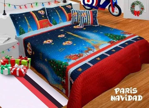 Cubrelecho Navideño Edredón París Navidad Cama Semi Doble