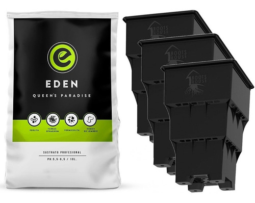 Roots House 3,75 Lt 3 Unidades Con Sustrato Eden 10 Lt Grow