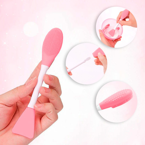 Cepillo Facial 2 En 1 Diler Cerdas De Silicón Para Limpieza Y Espátula Aplicadora De Mascarillas Cremas Sérums Skincare Diario Reutilizable Y Suave Con Todo Tipo De Piel Color Rosa