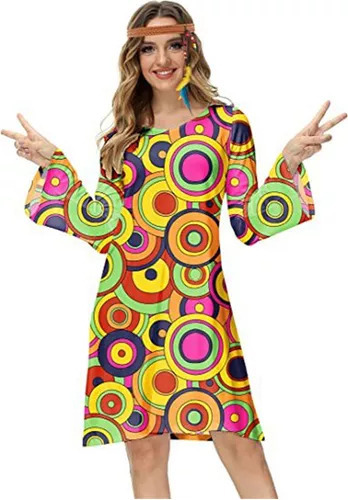 Vestido De Mujer Con Estampado Retro De Ropa Hippie De Los 7