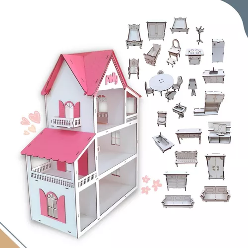 CASA CASINHA POLLY 45Cm em MDF PINTADA ROSA PINK + KIT 20 MINI