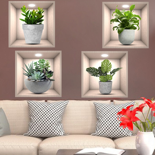 4 Pegatinas De Pared Con Plantas Verdes En 3d Para Decoració