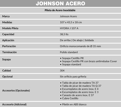 Bacha Pileta Triple Johnson Acero Inoxidable Hydra J 107 A