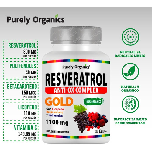 Resveratrol Anti-ox Complex Gold | 30 Caps | Antioxidante Sabor Sin sabor
