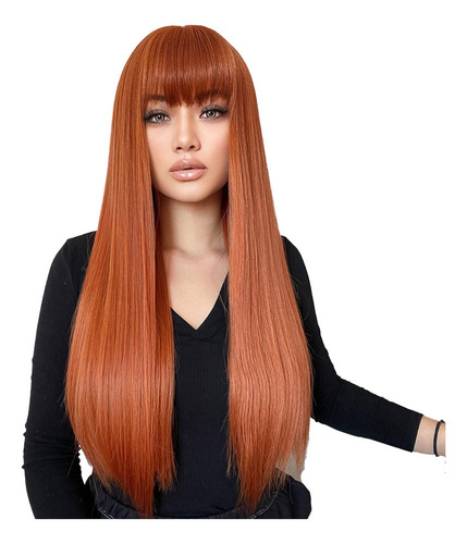 Li Peluca Negra De Cabello Humano Liso Con Flequillo, Gorra