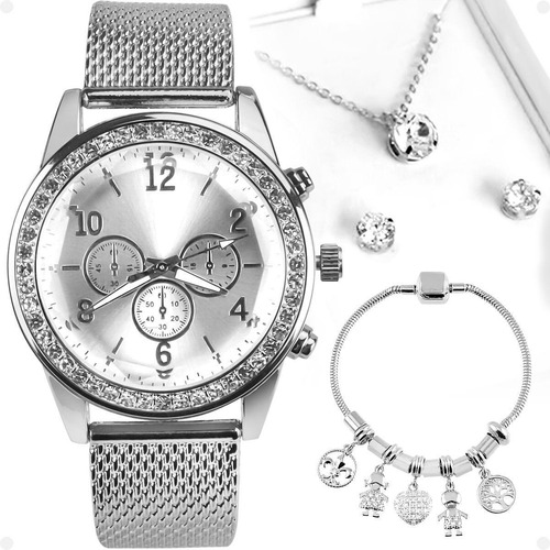 Relogio Feminino Aço Strass + Pandora + Bracelete + Brincos