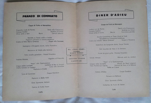 Antiguo Menu Societá Navigazione Genova 2da Clase 1958 (Usado)