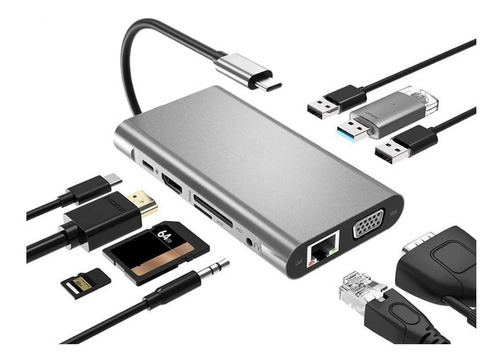 Hub Tipo C Con Usb Tipo-c A Hdmi 4k Vga Rj45  // 10 En 1