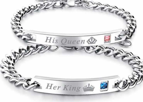 Set Pulseras His Queen/her King Plateadas Grabado 2 Nombres