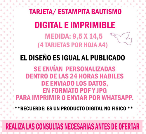 Tarjeta Estampita Bautísmo Imprimir Personalizada Niña 19