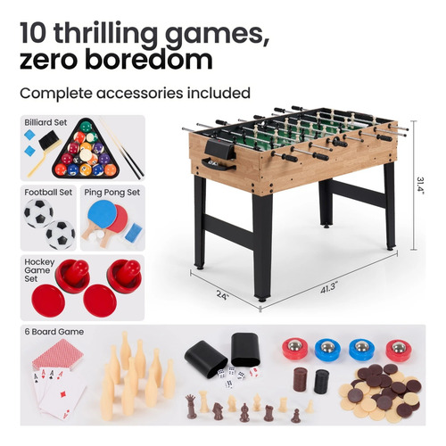 Mesa De Juego 10en1 Sum Futbolito Billar Hokey Ajedrez Mas
