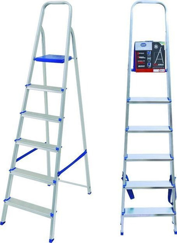 Escalera De Aluminio Tijera 6 Escalones Mor Plegable 5104 Base Antideslizante, Traba De Seguridad. Ultimo Escalon Como Plataforma Y Soporte De Aluminio Para Sujetarse