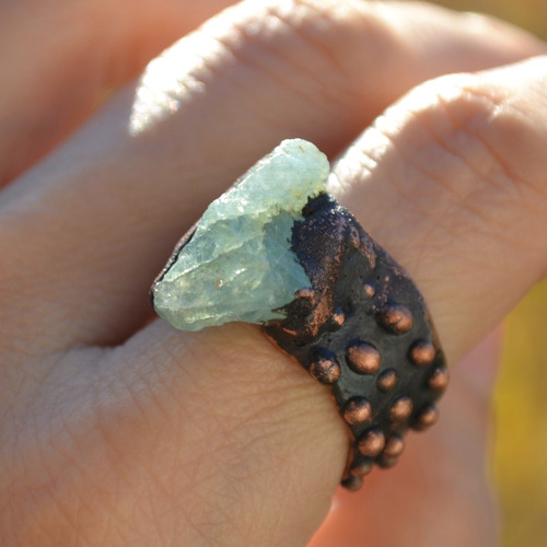 Imagen 4 de 10 de Anillo Piedra Preciosa Natural Aguamarina Con Cobre,