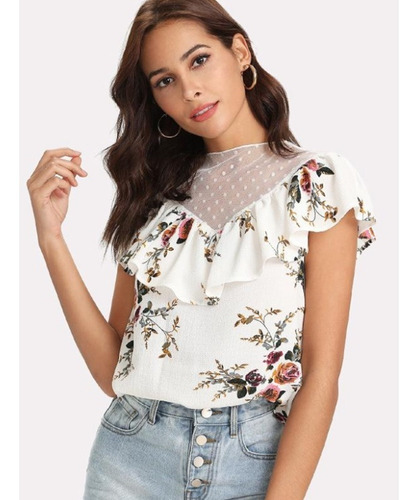 Blusa Elegante Talla S Floral Con Tul Nueva Importada