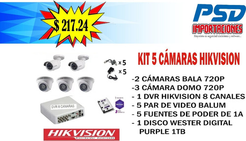 Kit 5 Cámaras Hikvision + Dvr 8 Canales 1080p