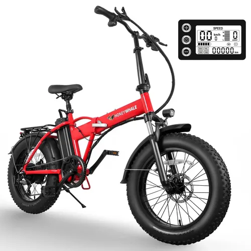 Bicicleta elétrica dobrável Honeywhale F6 Pro-s vermelha com pneus largos e display digital no guidão.