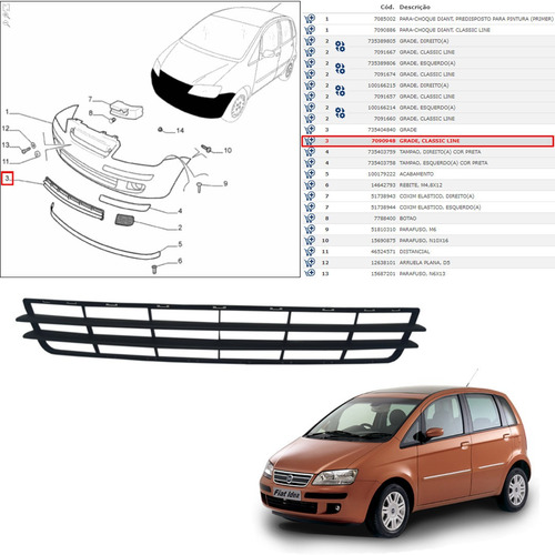 Imagem 2 de 6 de Grade Inferior Parachoque Fiat Idea 2006 A 2010 Original
