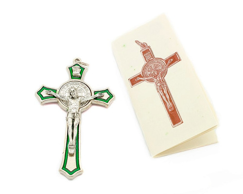 Imagem 4 de 4 de Crucifixo São Bento Prateado - Detalhe Em Resina Verde