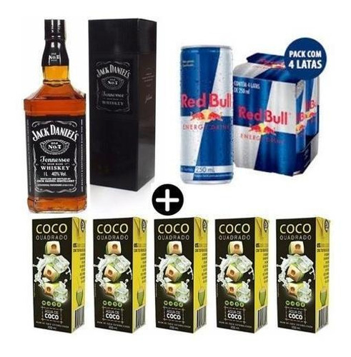 Combo Whisky Jack Daniel's 1l + 4 Red Bulls + Agua De Coco