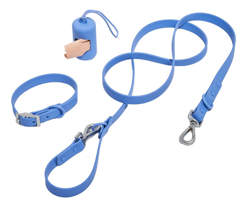 Juego De Collar Y Correa Para Perros Con Porta Bolsas Azul Xs