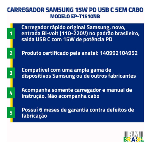 Carregador Turbo Samsung 15w Pd Usb-c Sem Cabo Ep-t1510nb